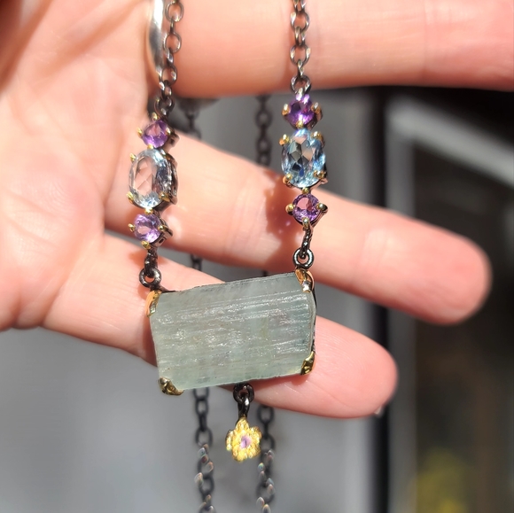 Aquamarine RAW 14k Amethyst &Topaz Sterling rhodium & gold necklace 18" - Picture 6 of 10